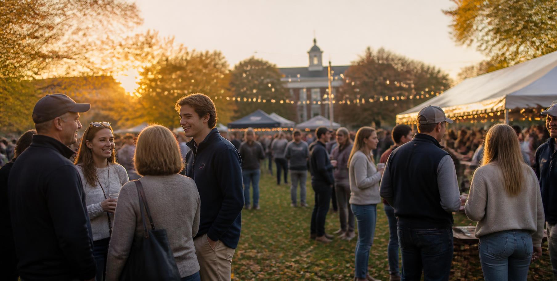 Families and college students gathered at an outdoor campus reception during Parent and Family Weekend