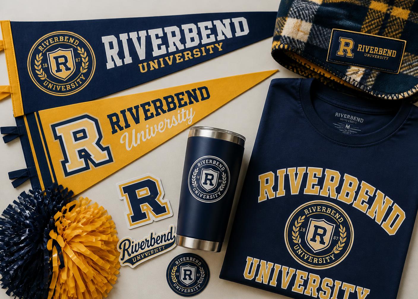 Custom college school-spirit giveaways including pennants, pom poms, decals, tumblers and fan apparel