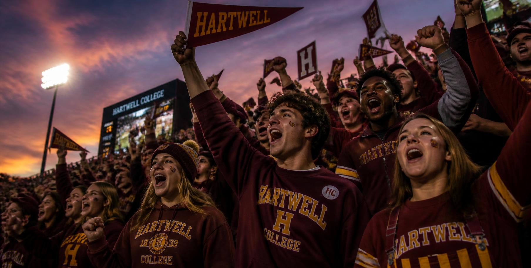 College fans cheering in custom school spirit apparel with pennants raised
